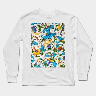 FLORENTINE RENAISSANCE FLORAL Gold Blue Flowers,Swirls,Fruits, Leaves Long Sleeve T-Shirt